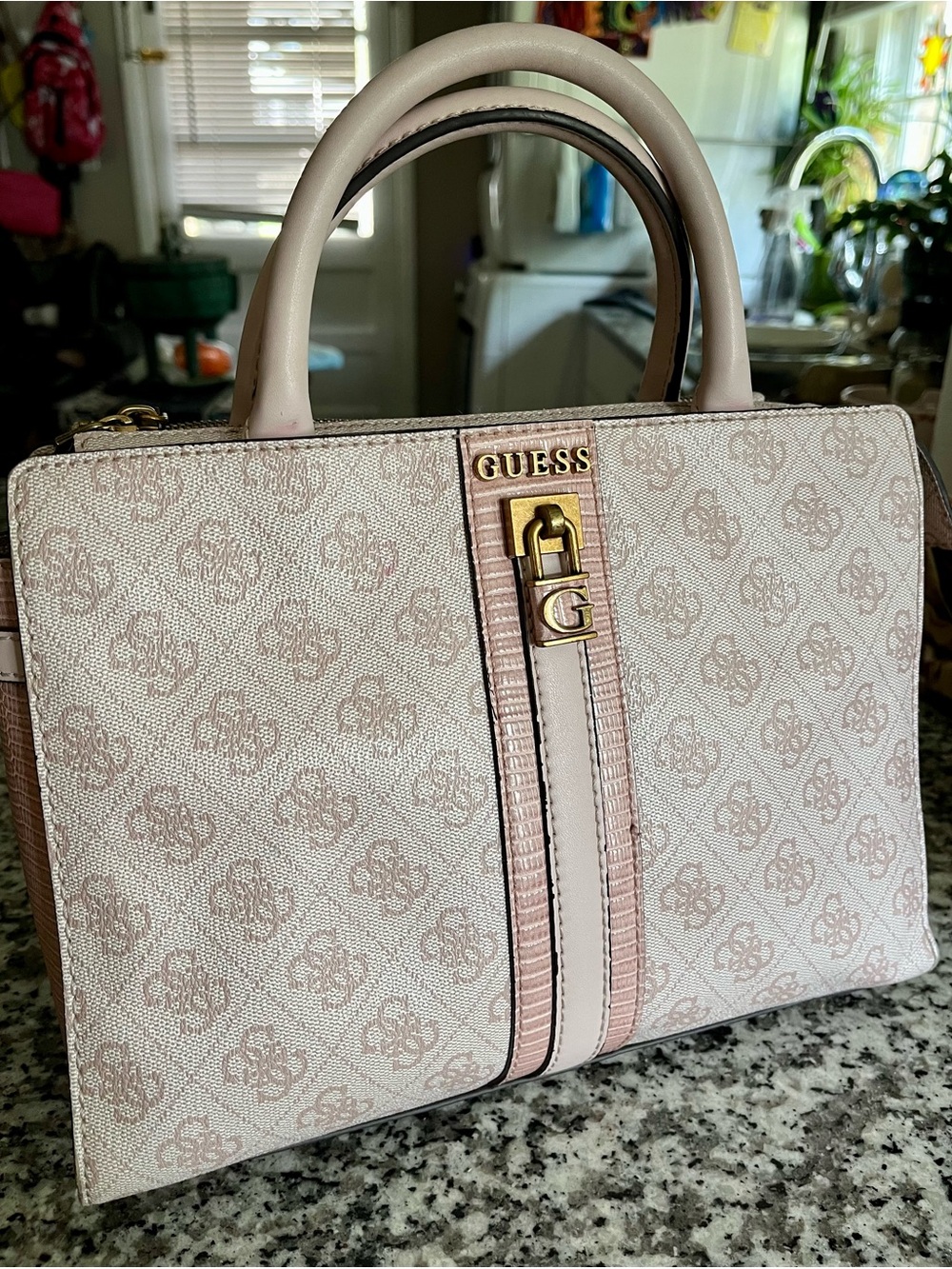 GUESS Pink and Cream Monogram Satchel